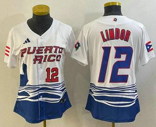 Womens Puerto Rico Baseball #12 Francisco Lindor Number 2023 White World Classic Stitched Jerseys